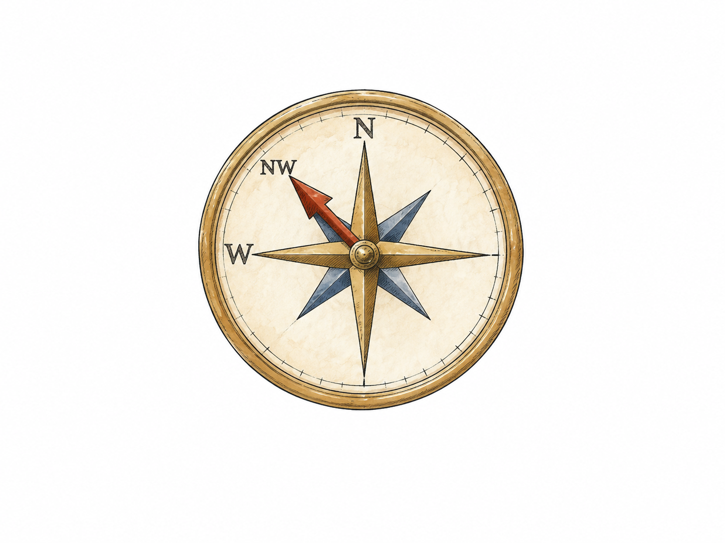 Compass rose with main arrow halfway between top and left, ONLY N W NW correctly positioned.