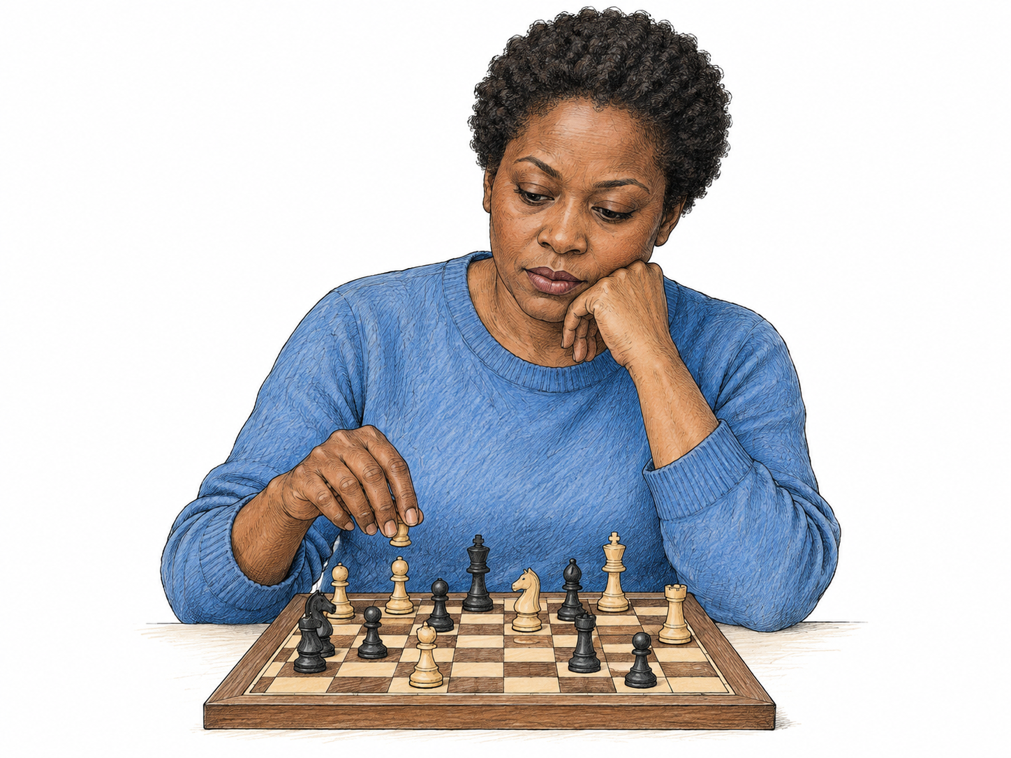 A thoughtful adult studies a chess position with chin supported by one hand while the other hovers above a chess piece, calm analytical concentration; only person and small accurate eight-by-eight chessboard, no symbols or text.