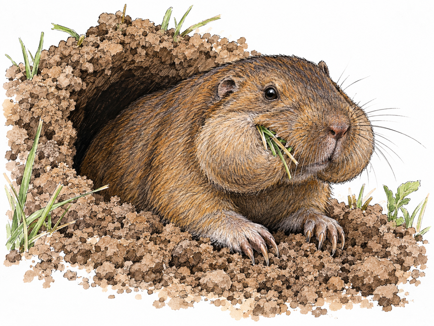 A pocket gopher emerging from its burrow, with prominent food-filled cheek pouches, small eyes and ears, and strong digging foreclaws.