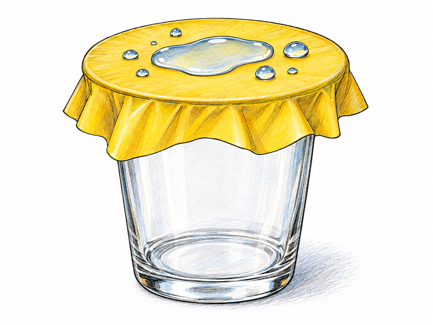 A piece of smooth waterproof yellow rubber fabric is stretched taut and level across the mouth of a transparent empty glass.