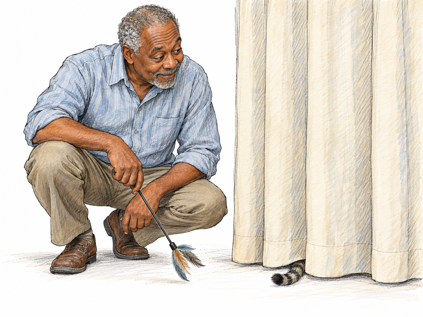 A small visible tail provides a clue to a hidden cat's location: an older man searching with a cat toy notices just the striped tail protruding beneath a curtain.