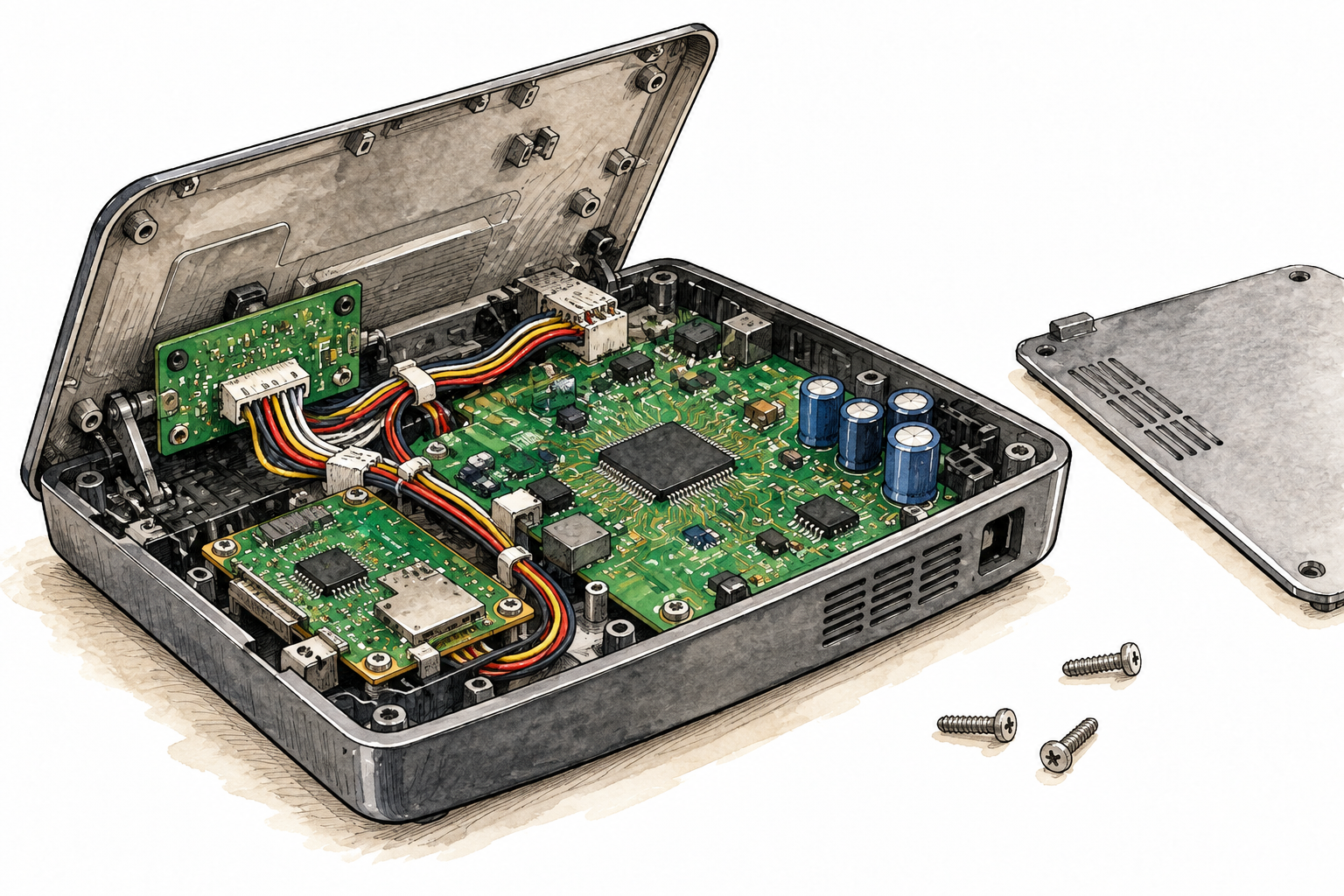 Open electronic device reveals connected circuit boards, traces capacitors and wiring, no printed words or brand marks.