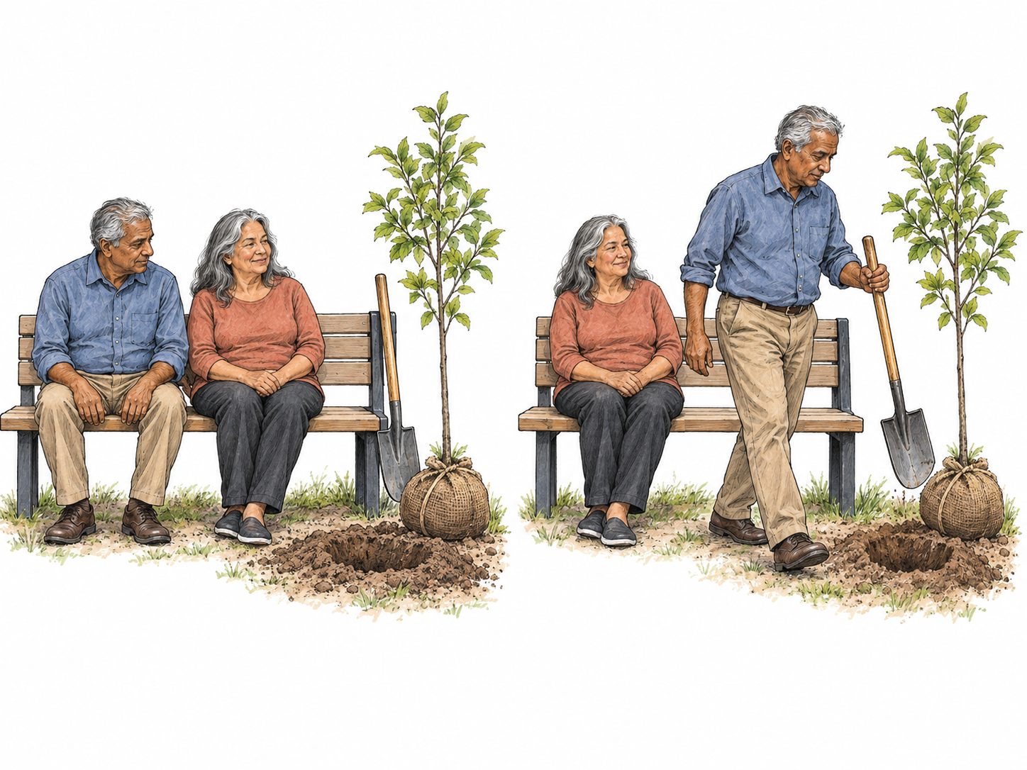 Volition shown through a self-initiated decision to participate: an older man rises from a seated group and steps toward an available tree-planting task while his companion remains comfortably seated.