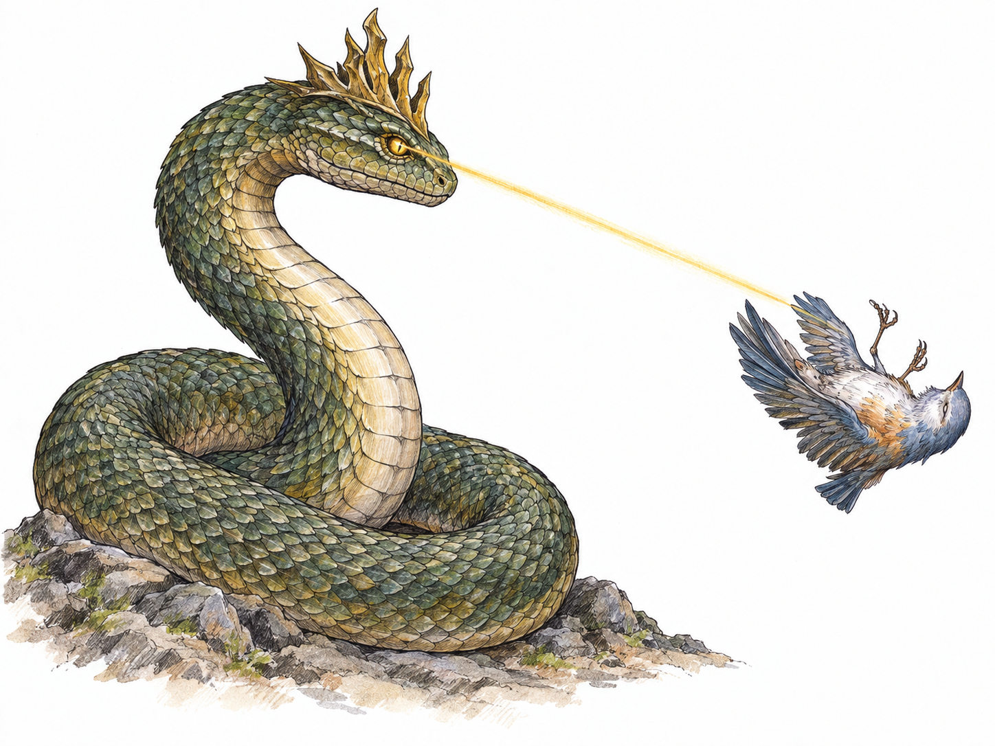 A crown-crested mythical serpent kills a small bird at a distance with its gaze: a narrow supernatural gleam links its staring eyes to the bird falling lifeless, with no physical contact.