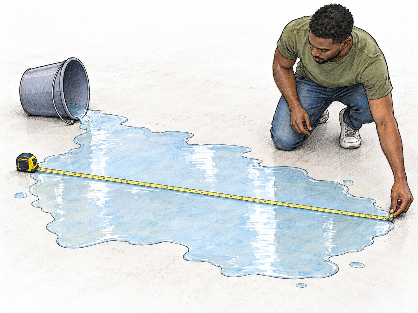 A man measures the full spread of a puddle from a tipped bucket, with a measuring tape stretched between its two farthest edges.