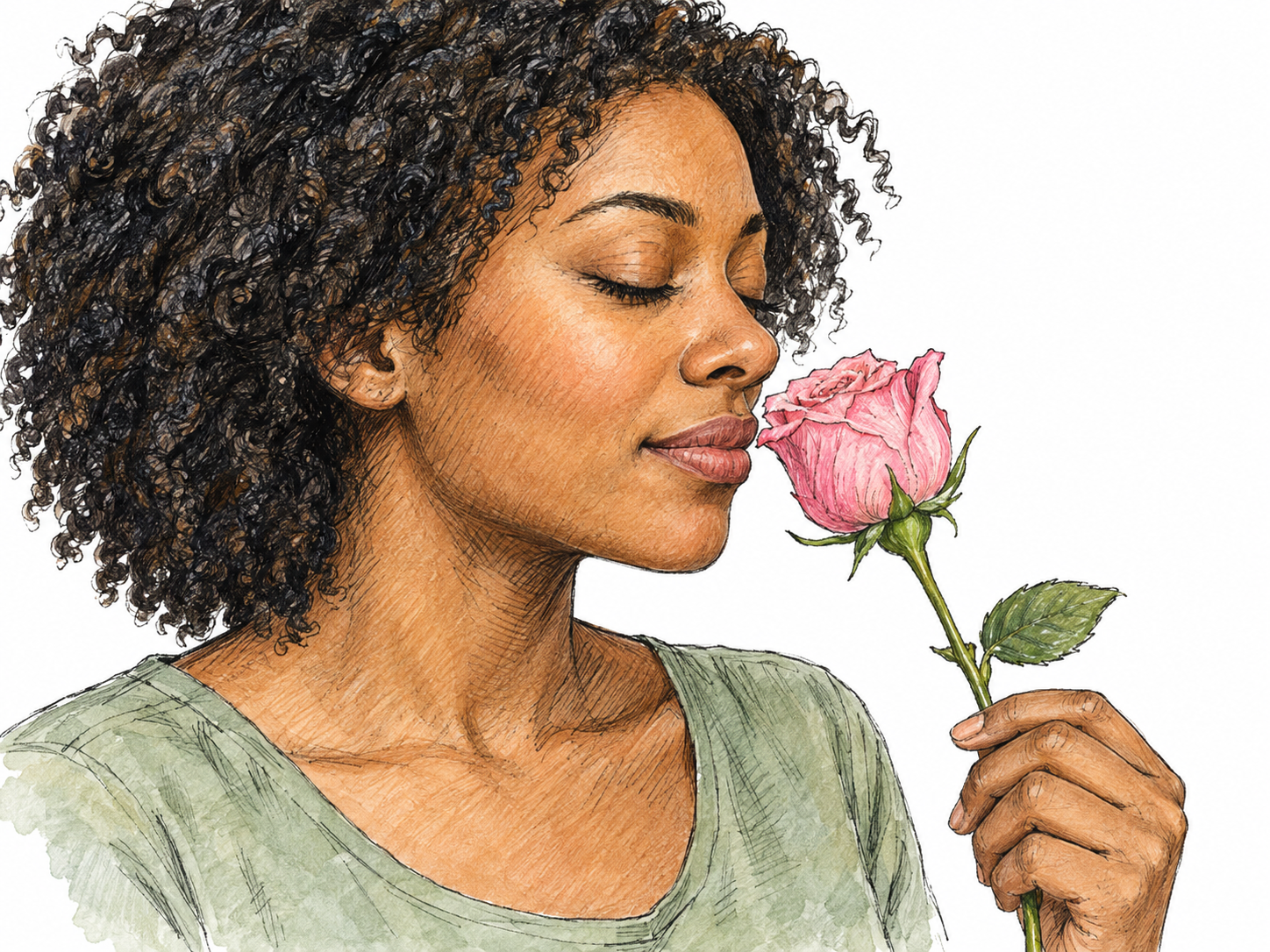 A woman gently smells a fresh rose, with its bloom immediately below her nose and her eyes softly closed, making the sense of smell the clear focus.