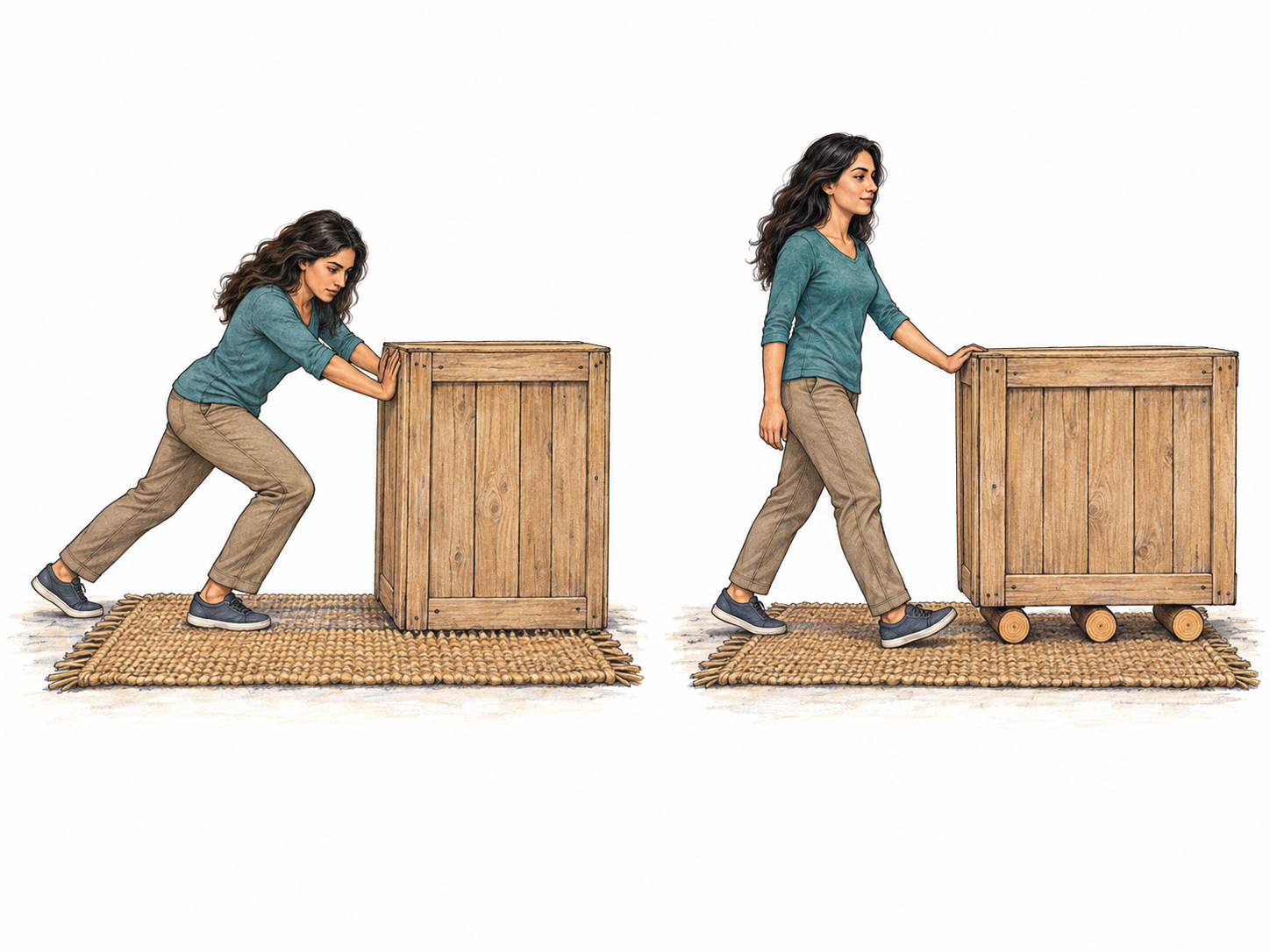 A compact two-view comparison shows the same woman struggling to slide a wooden crate across a rough rug, then moving the same crate easily when short wooden rollers separate it from the rug.