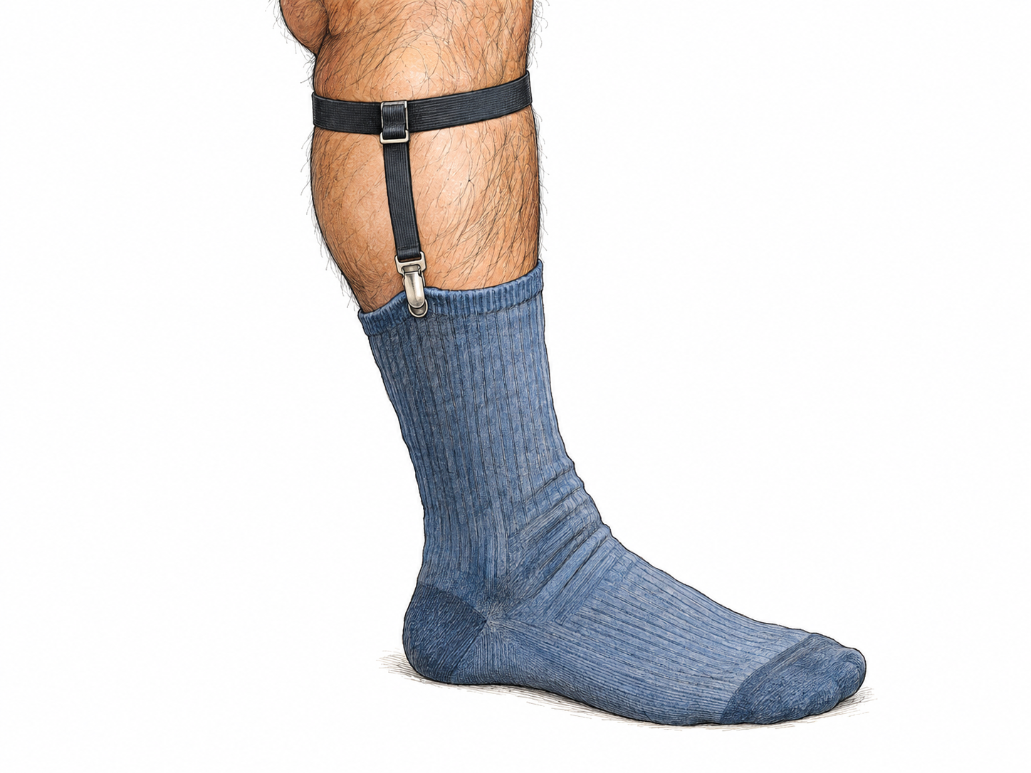 Close-up of a man's calf wearing a sock garter: a narrow band circles the bare calf, with a short downward strap visibly clipped to the sock's upper edge, holding it up.
