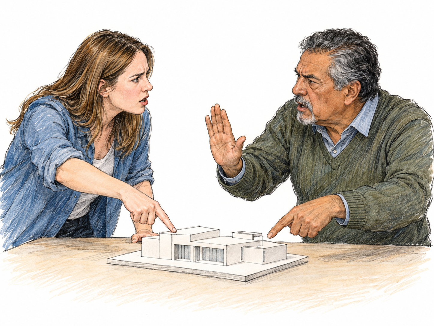 A visibly contentious planning discussion: two adults across a small table disagree over a simple building model, one pointing insistently at it while the other firmly rejects the proposal with a raised palm.