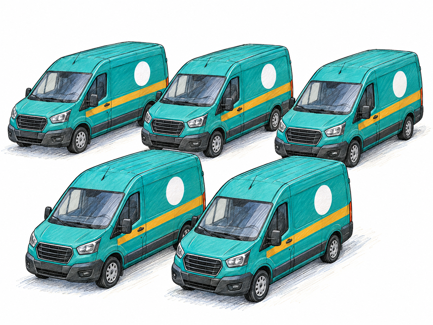 Five delivery vans parked together in an orderly depot formation, all bearing the same distinctive two-color livery and nonverbal emblem, visibly forming one company's fleet.