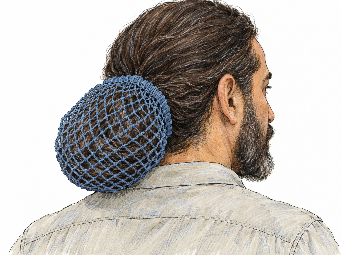 Close rear three-quarter view of a long-haired man wearing a clearly visible bag-shaped mesh snood that gathers and contains his hair at the nape.