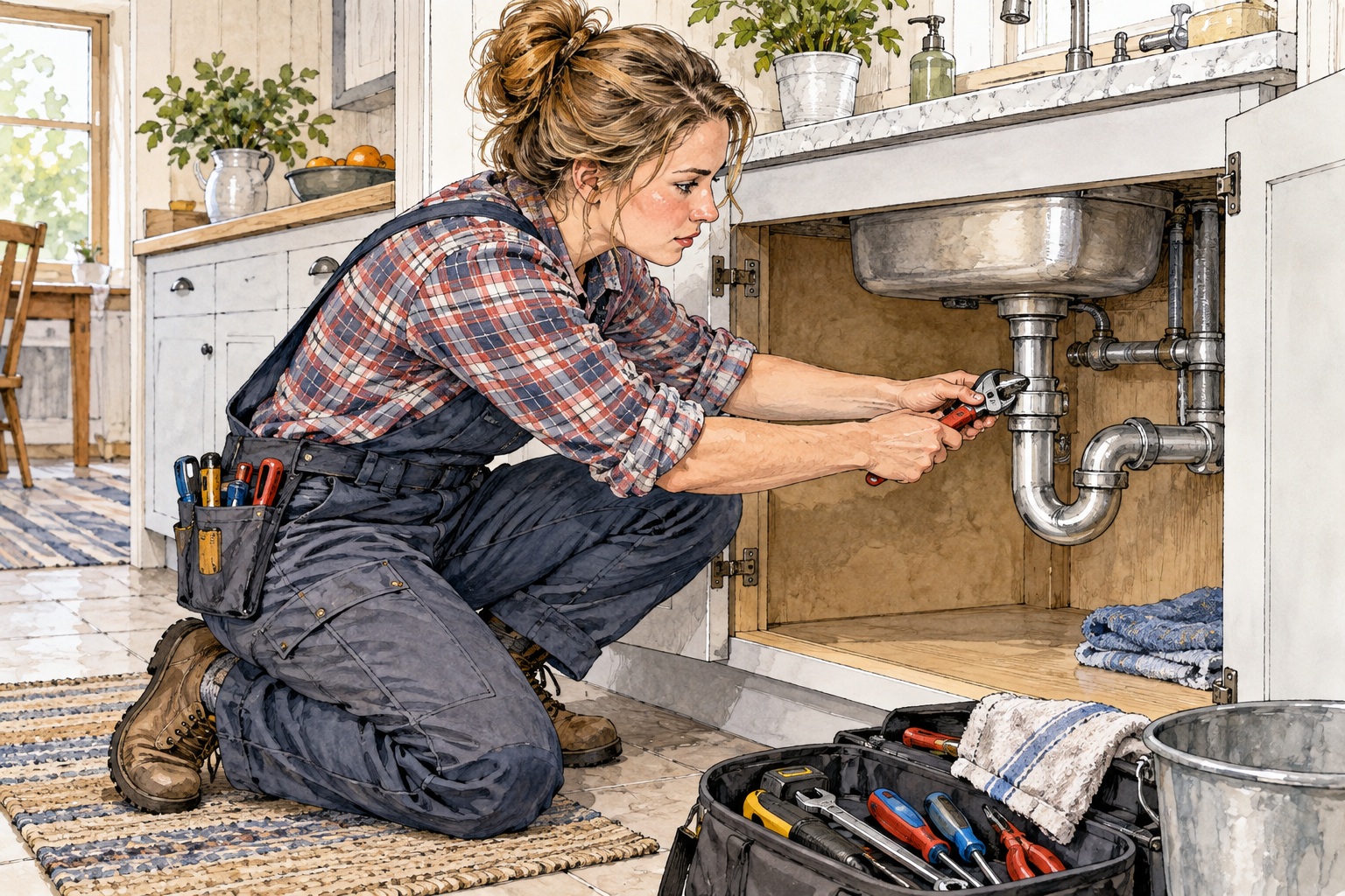 White woman plumber efficiently repairs leaking pipe under sink, dry clean joint and organized tools show adequate practical skill.