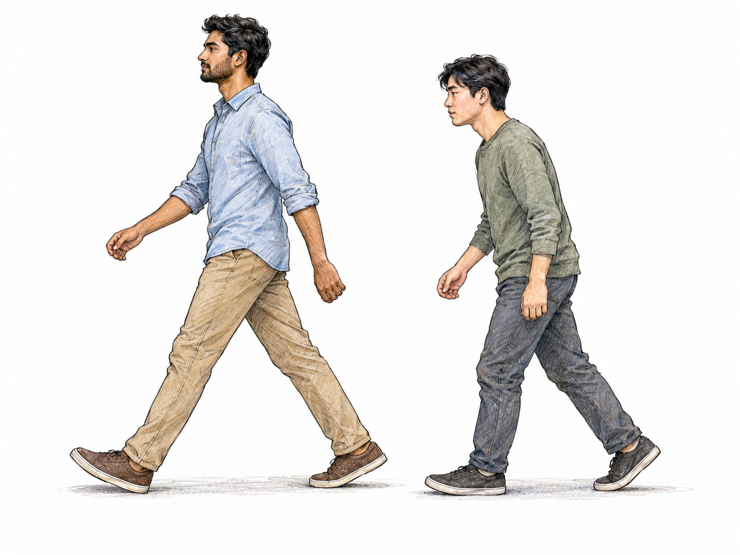 Two men walking side by side in profile, with contrasting natural walking styles: one takes long, upright strides with a broad arm swing; the other takes short steps with a slight forward lean and restrained arm movement.