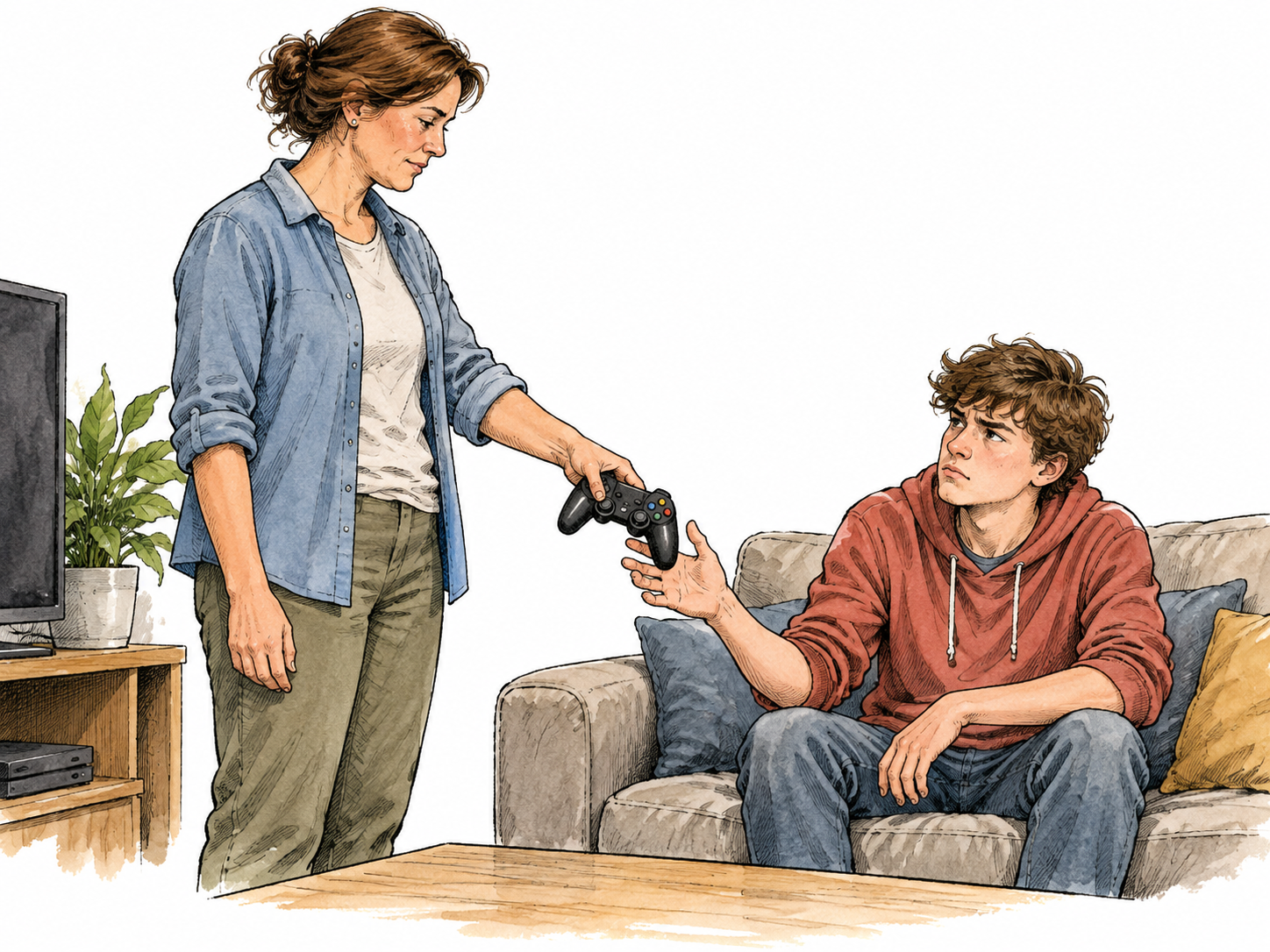 Parent calmly removes teenager's game controller after a broken house rule, no physical abuse.
