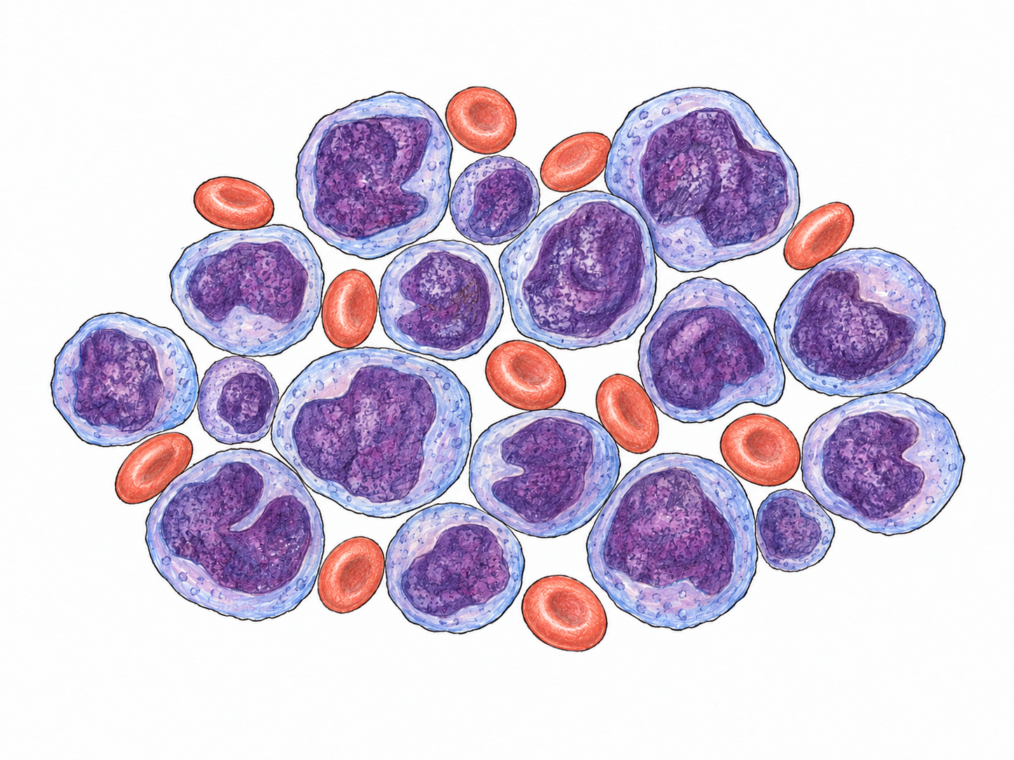An isolated microscope-field illustration showing a crowded population of abnormal immature white blood cells among fewer red blood cells, conveying leukemia without a patient scene or written explanation.