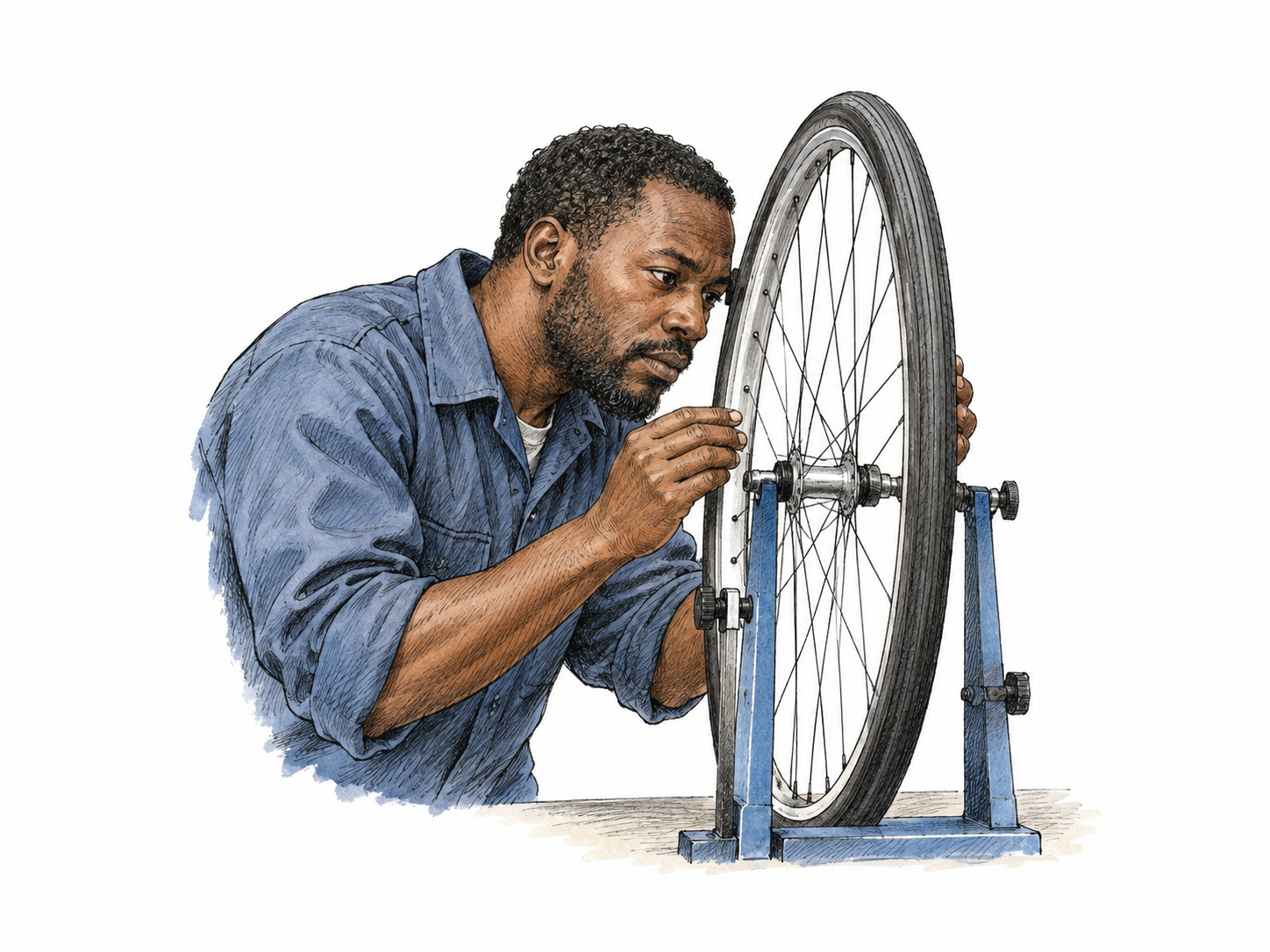 Mechanic carefully inspects a bicycle wheel's alignment on stand with eyes close to rim, systematic examination, no workshop clutter.