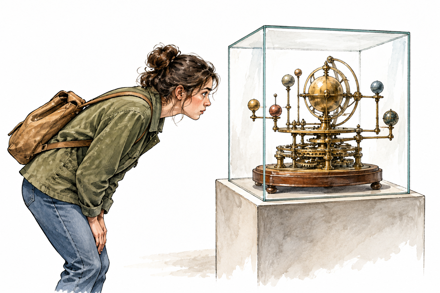 A museum visitor leaning forward in rapt attention to an intricate mechanical exhibit, intense fascination through gaze, no written museum labels.