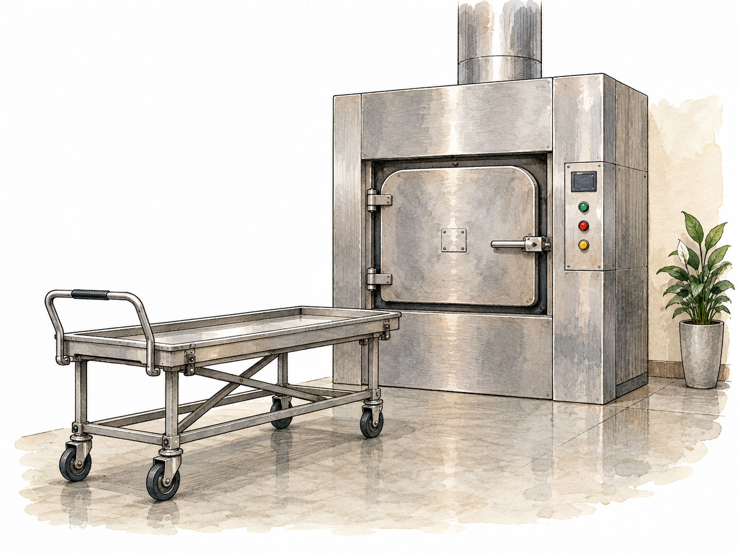 A clean modern crematory furnace with closed chamber door and empty trolley in a respectful facility, no body or remains.
