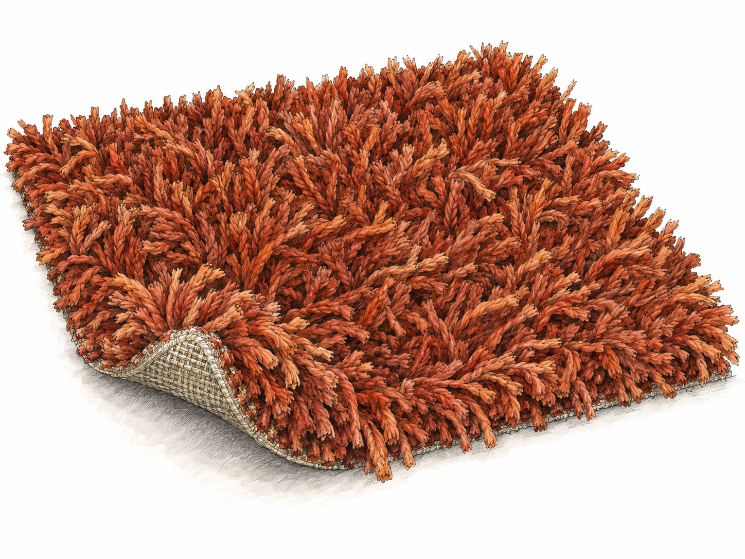A close three-quarter view of a thick shag carpet sample, with long, irregular yarn strands visibly rising from its woven backing and one corner curled upward to expose the pile depth.