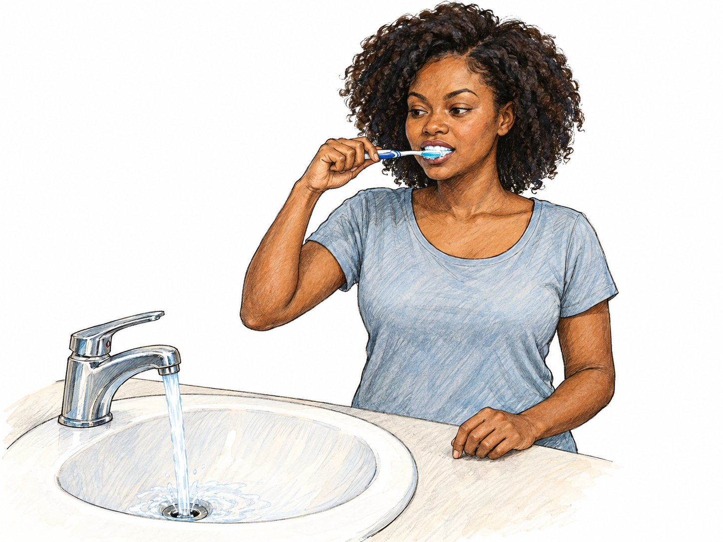 A woman brushes her teeth while leaving the faucet running strongly into an otherwise empty sink, visibly wasting clean water.