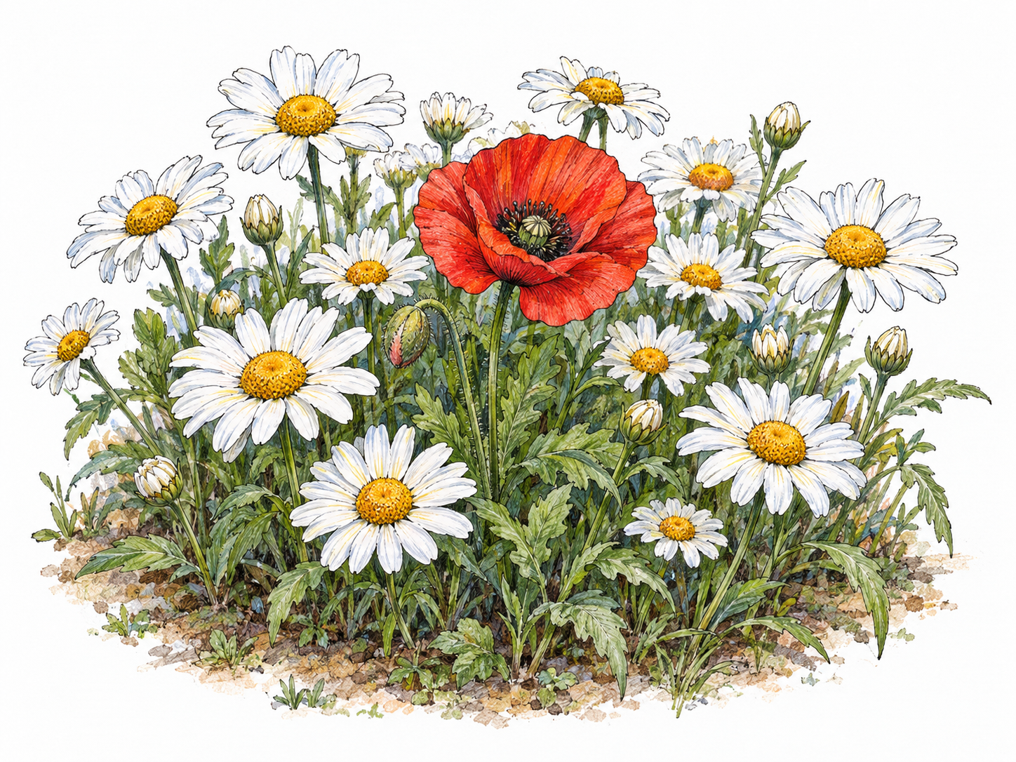 A single red poppy stands amid a compact patch of white daisies, with daisies visibly surrounding it in front, behind, and on both sides.