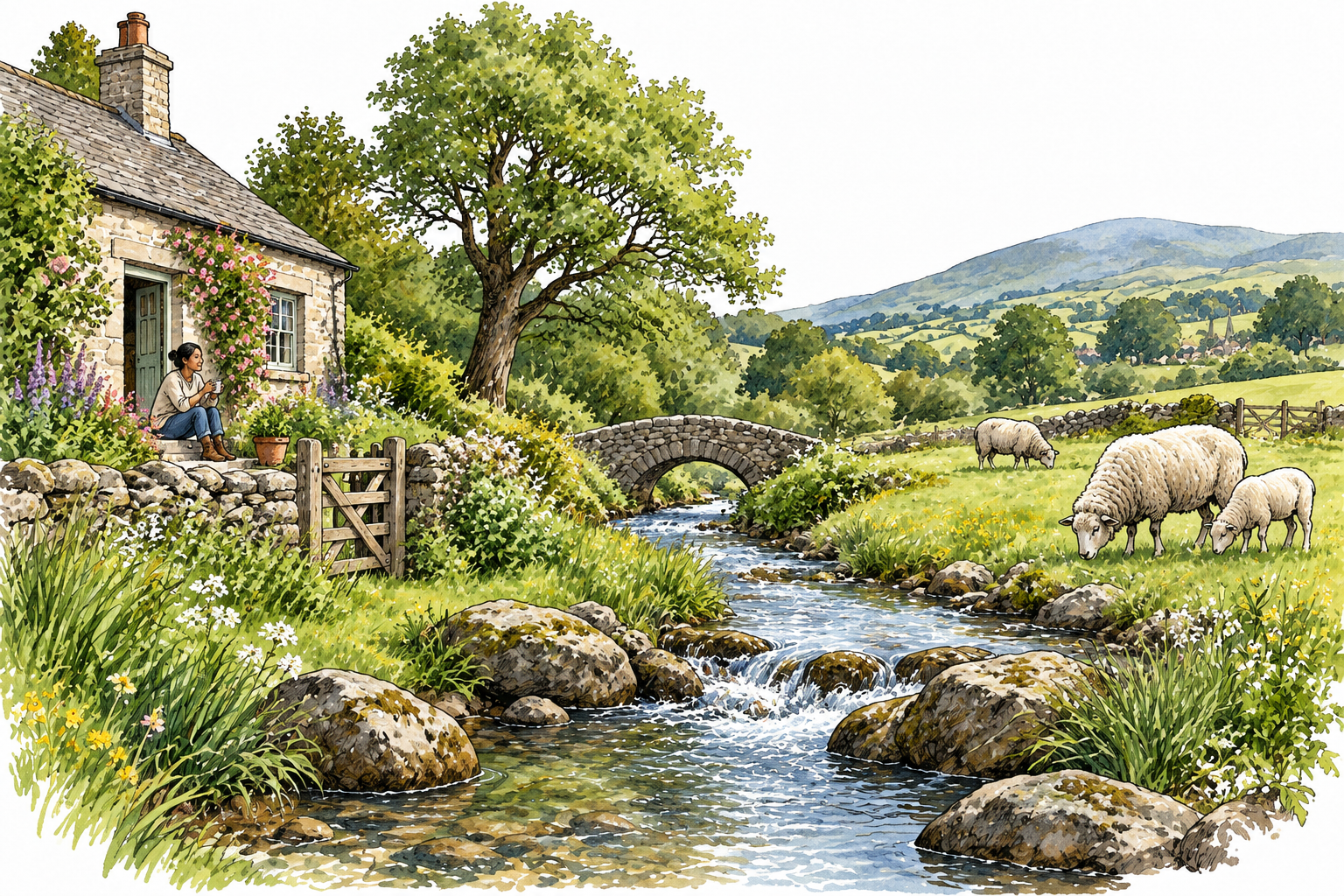 A peaceful rural stream beside a small cottage and grazing sheep, charming tranquil scene.