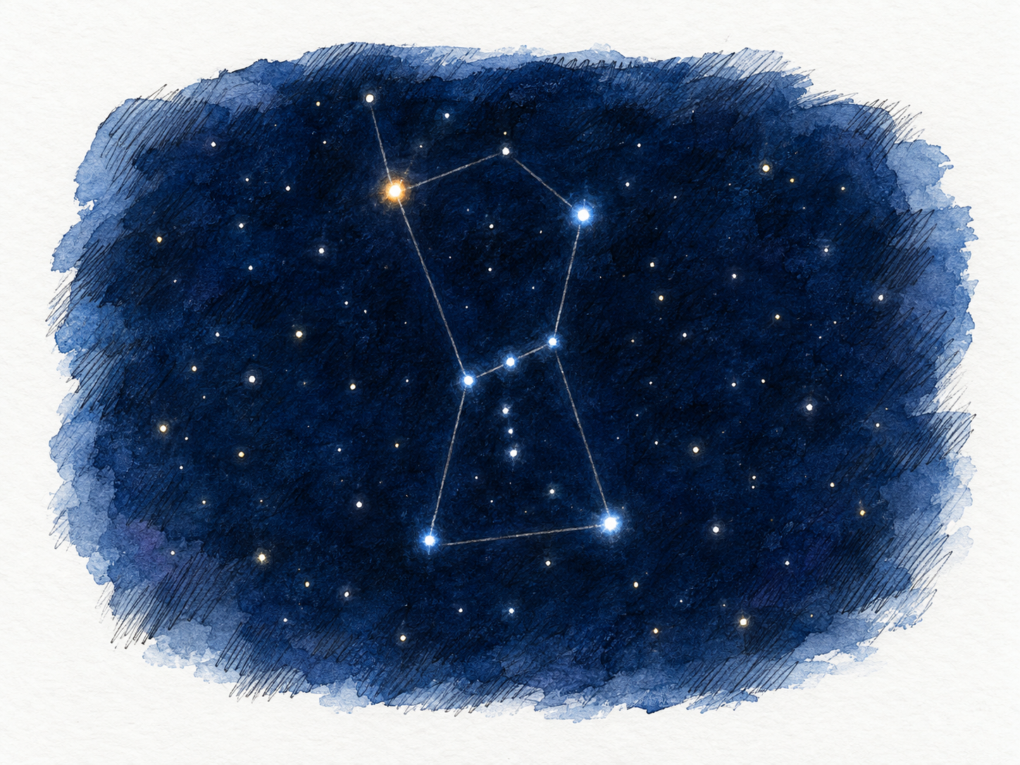 An isolated patch of night sky shows Orion's recognizable star pattern: three aligned belt stars between four bright shoulder and knee stars, with faint connecting lines distinguishing the constellation from scattered background stars.