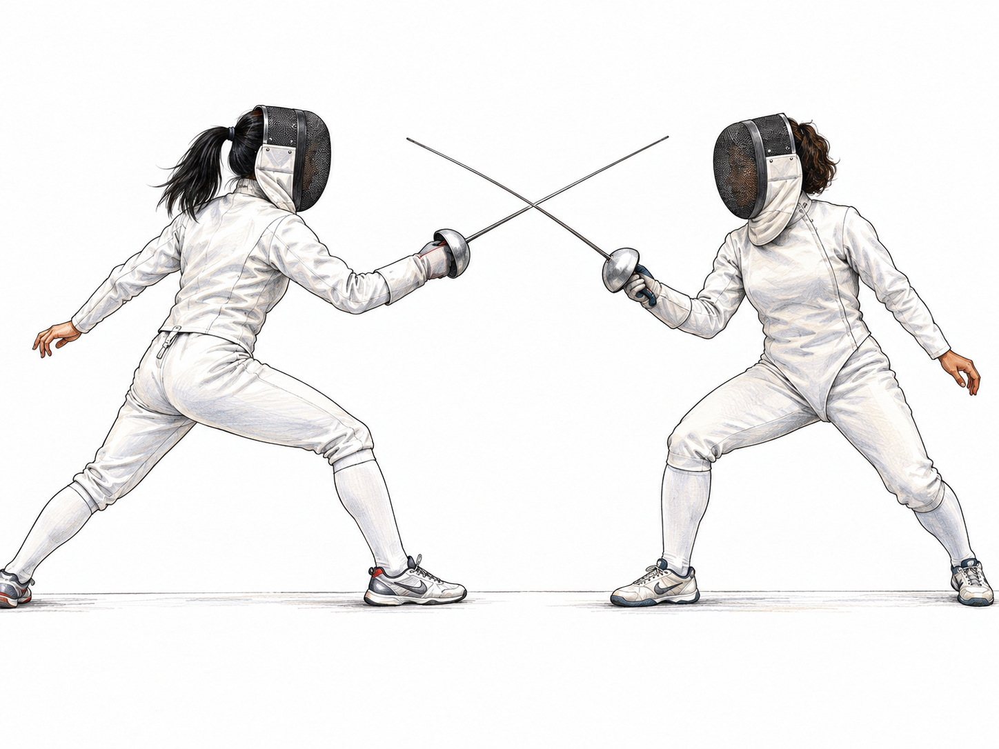 Two fencing opponents face one another, full protective white kit and masks, foils crossed in controlled sporting opposition; minimal floor line.