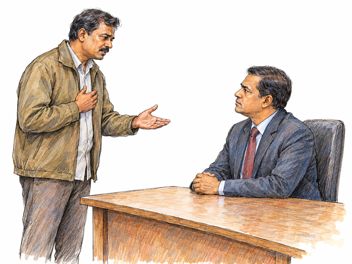 At a simple civic hearing table, a petitioner makes a solemn, formal appeal for assistance to a seated official.