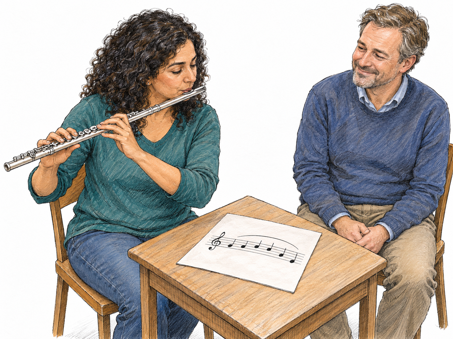 A pleasing flute melody shared at a small table: a flutist and an attentive listener sit on adjacent sides, with a flat musical score visibly accessible to both.