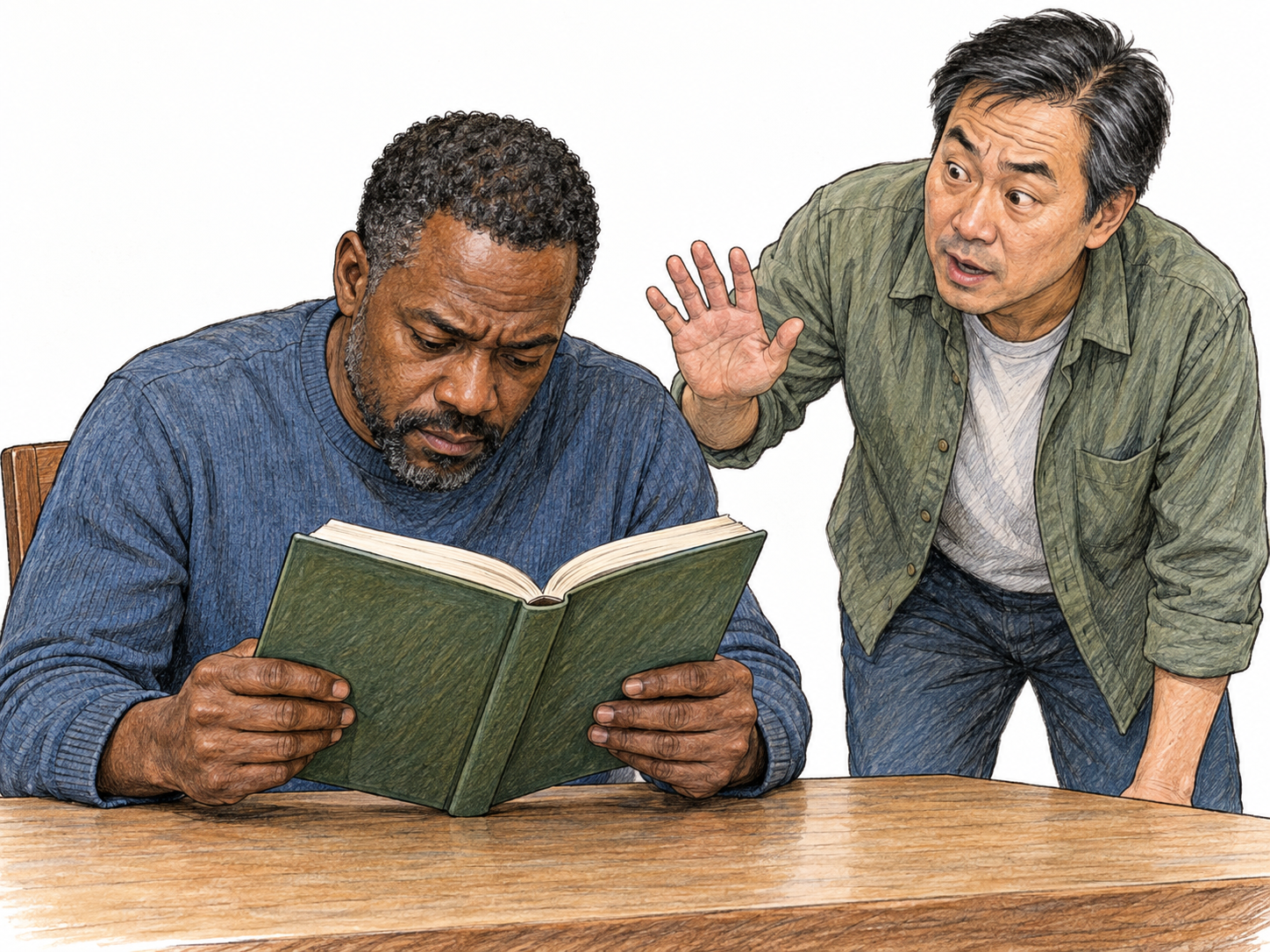 A man is so absorbed in reading a book that he fails to notice a nearby colleague waving to attract his attention.