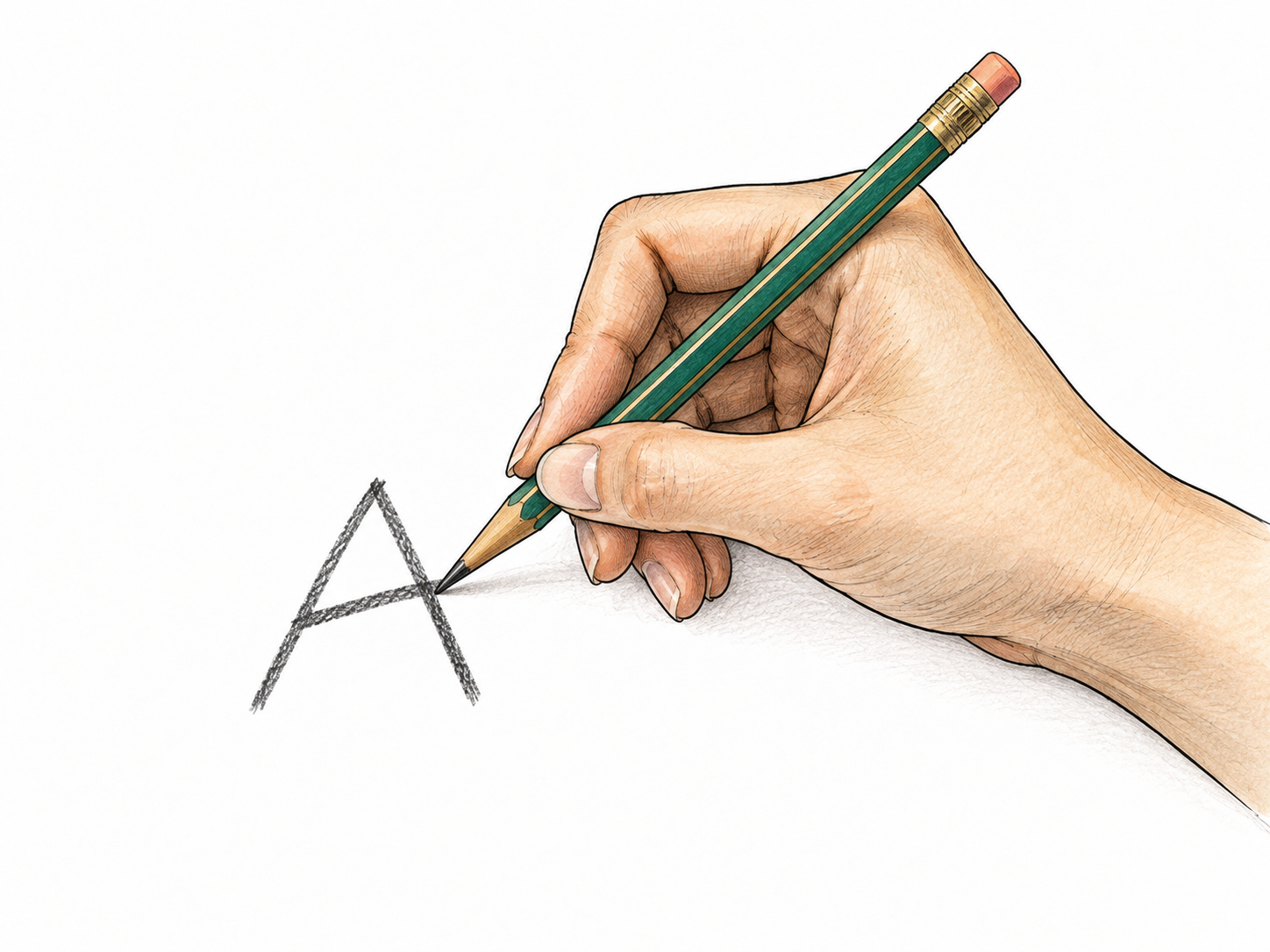 Close view of hand forming only a single essential letter “A” with pencil on otherwise blank paper, writing action, no caption.