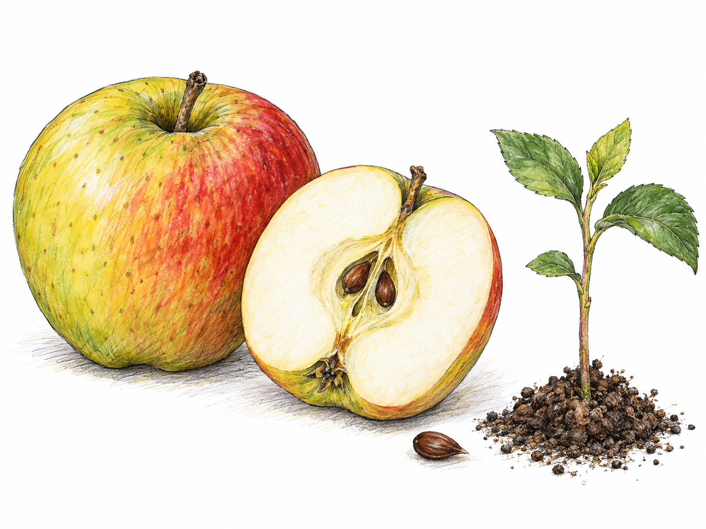 A ripe apple beside its cut half exposing brown pips, with one loose pip and a small apple seedling rooted in a modest patch of soil, connecting the fruit to its seed-grown origin.