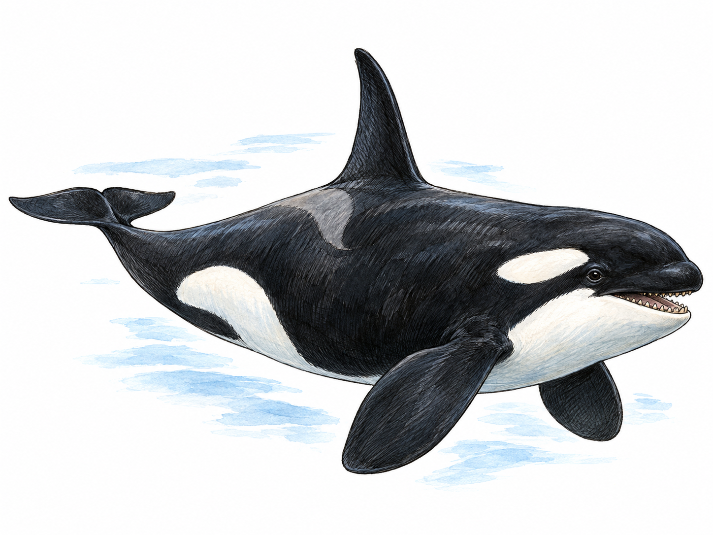 A single adult orca swimming in clear water, shown in three-quarter side view with its distinctive black-and-white markings, tall dorsal fin, broad flippers, horizontal tail flukes, and a slightly open mouth revealing conical teeth.