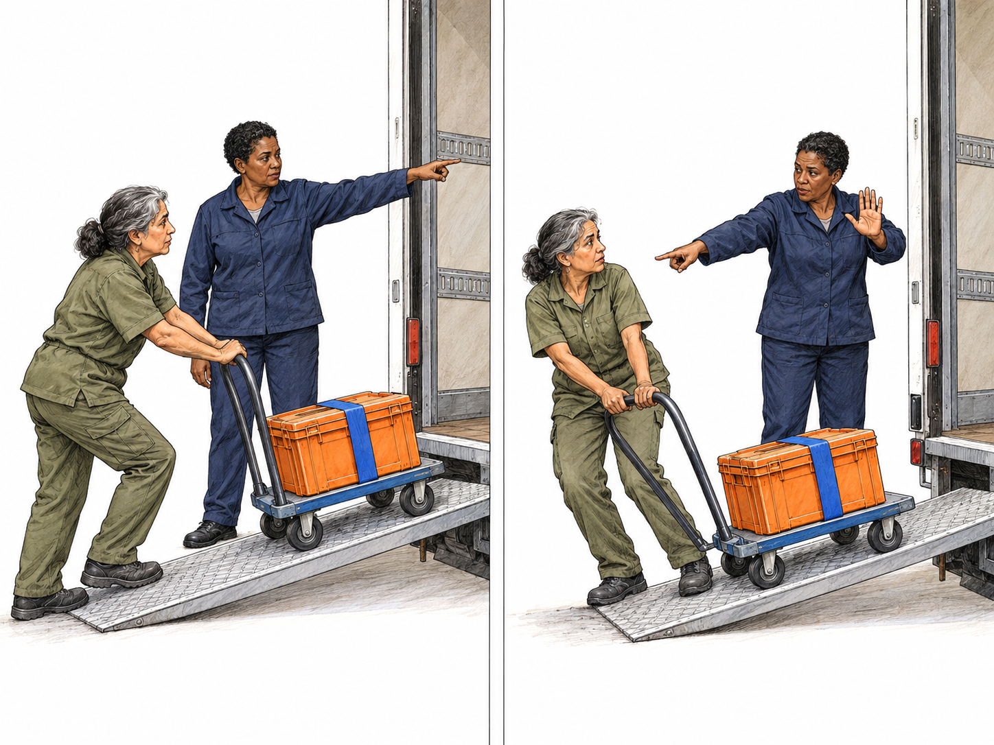 A supervisor countermanding her loading order: in a compact two-panel sequence, she first directs a worker to wheel a crate up a truck ramp, then issues a stop-and-return command that the worker obeys by wheeling the same crate back down.