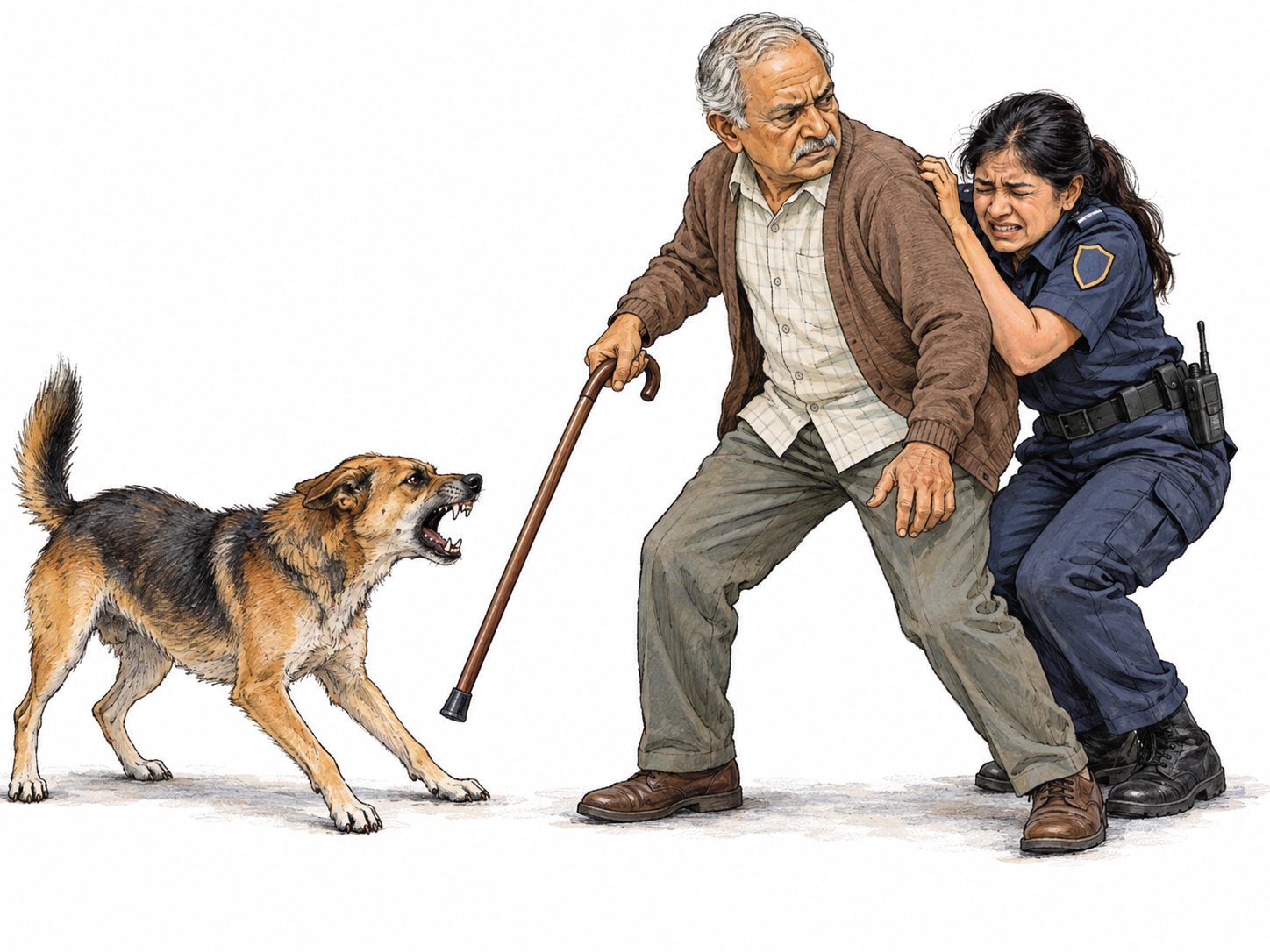 A uniformed security guard cowers behind an older civilian, clutching his shoulders and using him as a shield while he must face a lunging dog with his walking stick.