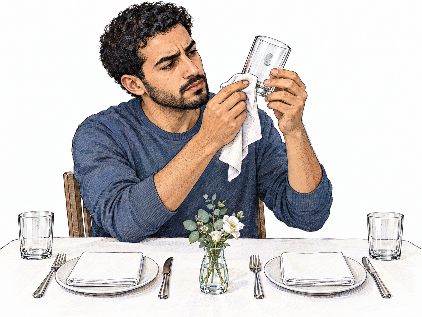 A meticulous man at an already immaculate dining table holds a drinking glass up for close inspection and carefully polishes one tiny remaining fingerprint.