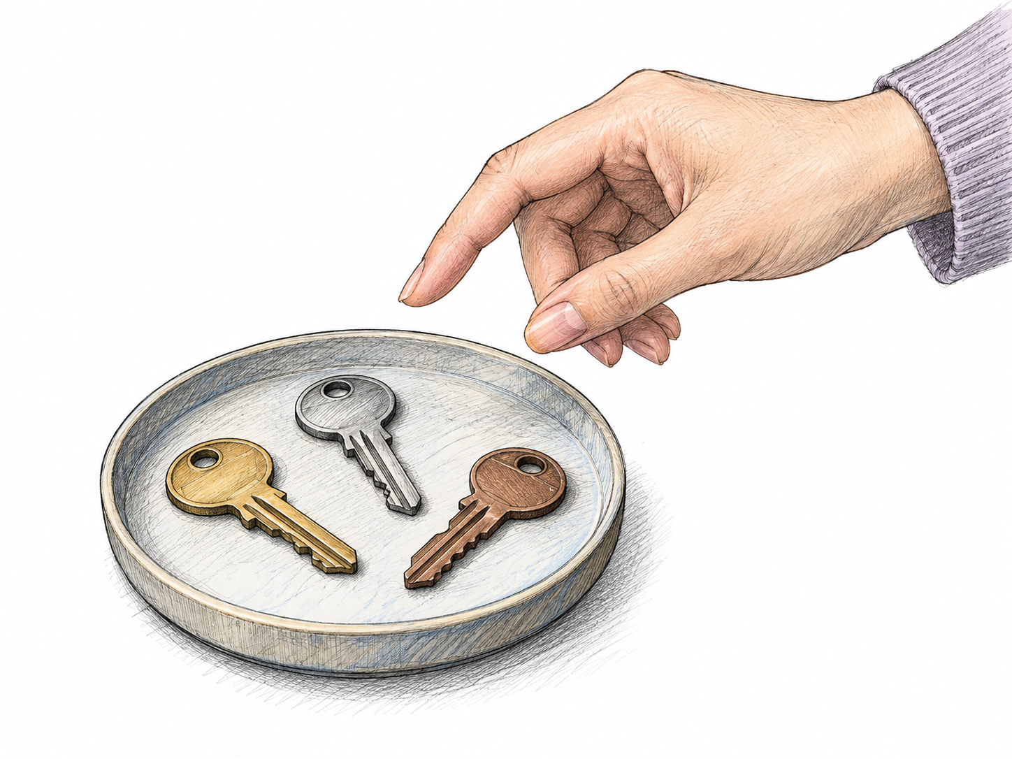 Three distinct plain house keys lie separately on a small ring tray, with a hand poised above them showing several available choices; no numbers, writing or brands.