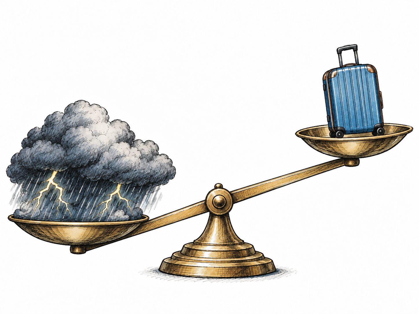 Large weight shaped like storm cloud presses opposing side of balance against small travel suitcase, adverse weather weighs against travel plan; restrained symbolic editorial drawing, no labels or words.