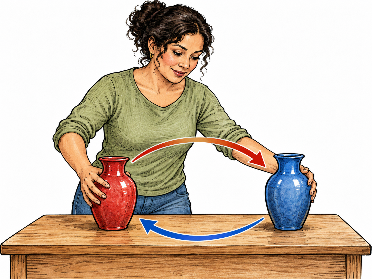 An adult swaps the positions of a red vase and a blue vase; curved arrows clarify the exchange without text.