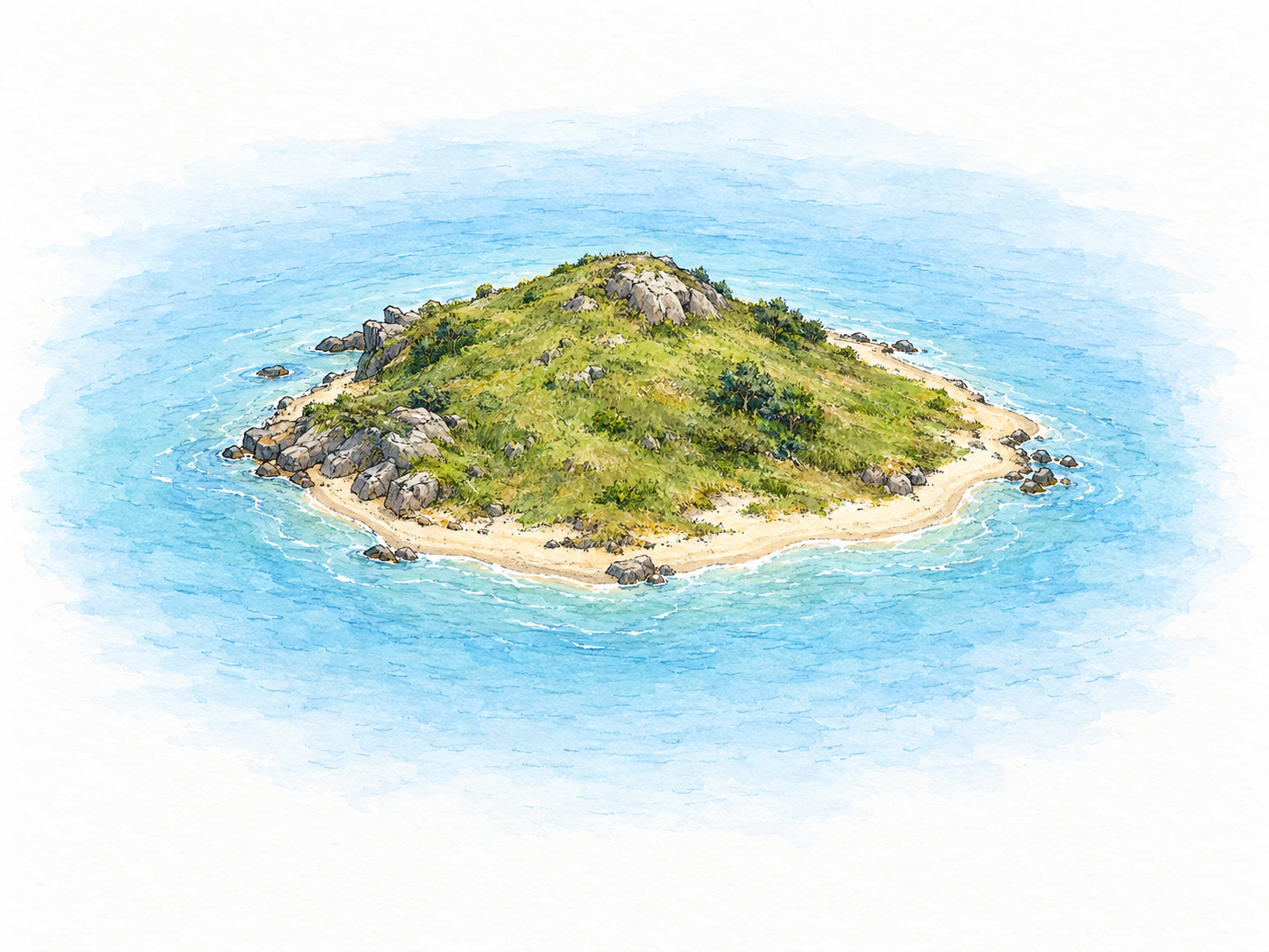 An elevated oblique view of a small grassy island, with its entire closed shoreline visible and uninterrupted blue water surrounding it on every side.