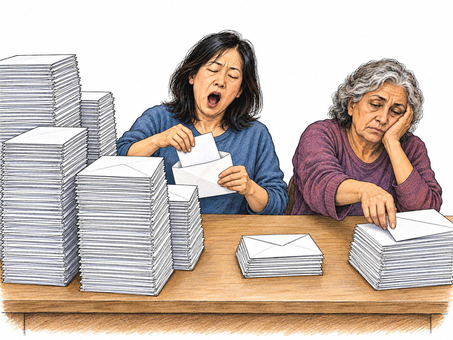 Two visibly bored women stuff envelopes at a table, with only a small finished pile beside an overwhelming supply of identical envelopes and folded sheets.