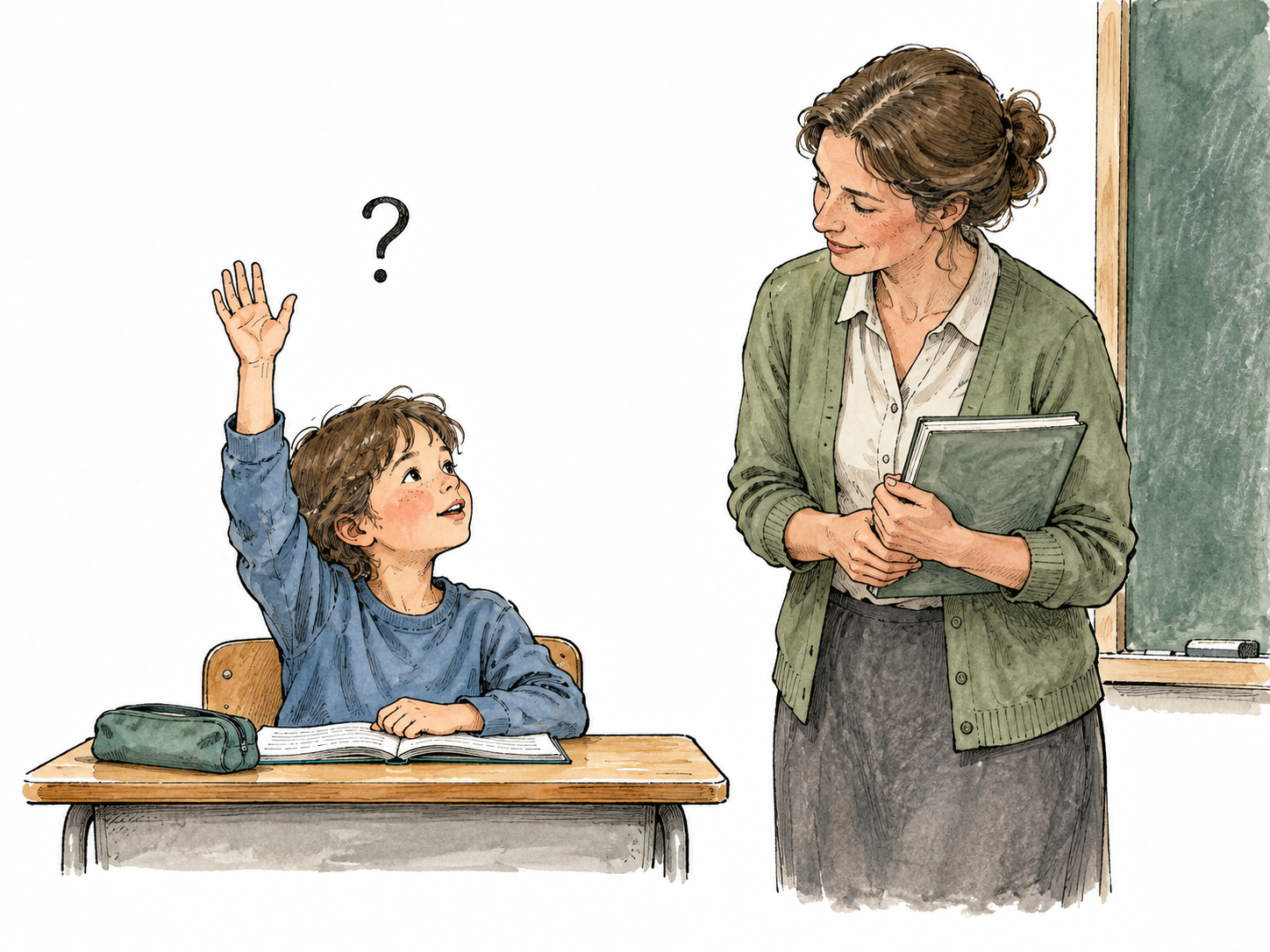 A curious child raises a hand to ask a teacher, a single small question mark above the child.