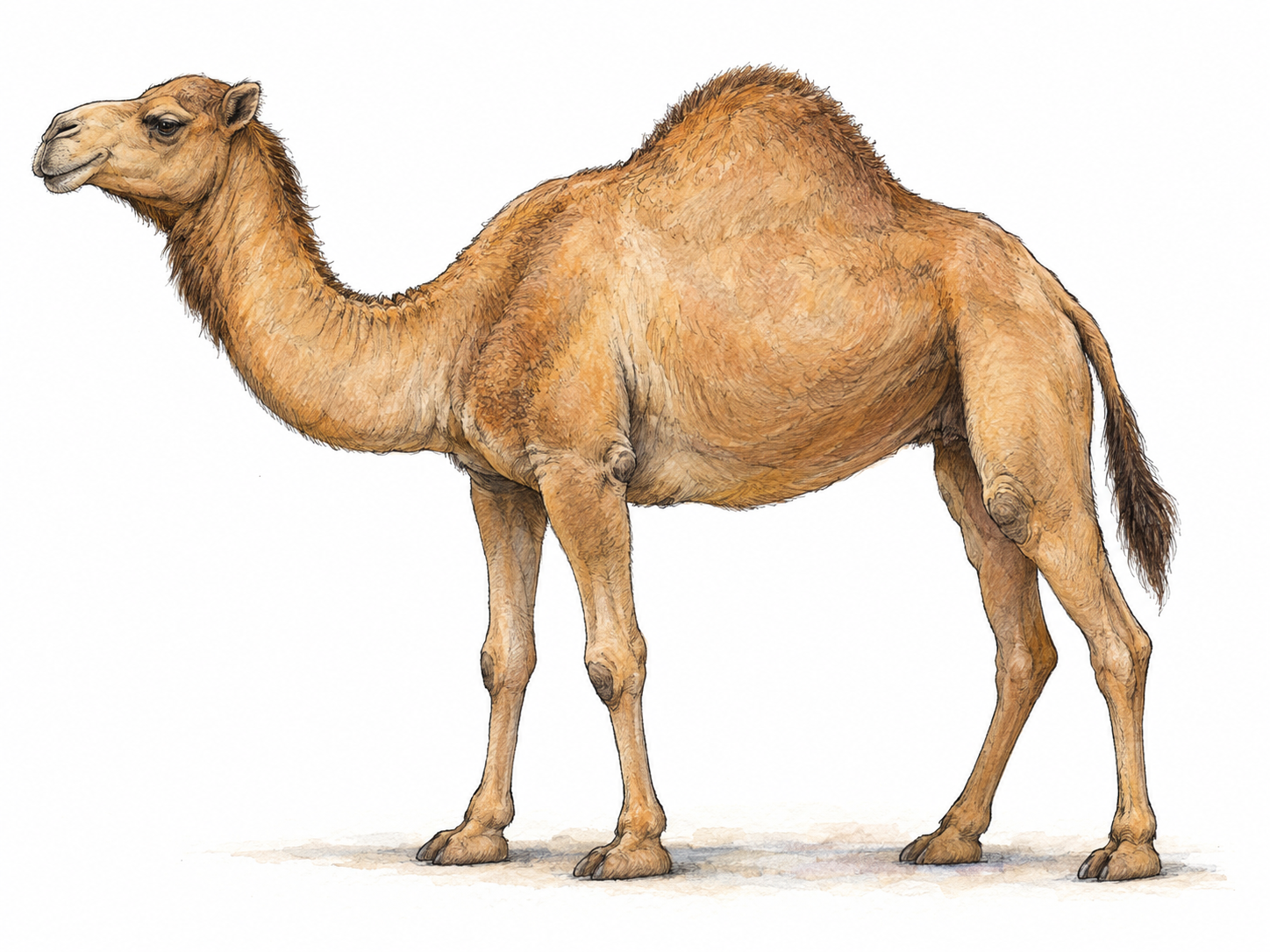 A single dromedary camel in clear side profile, its rounded back hump prominently silhouetted against white space.