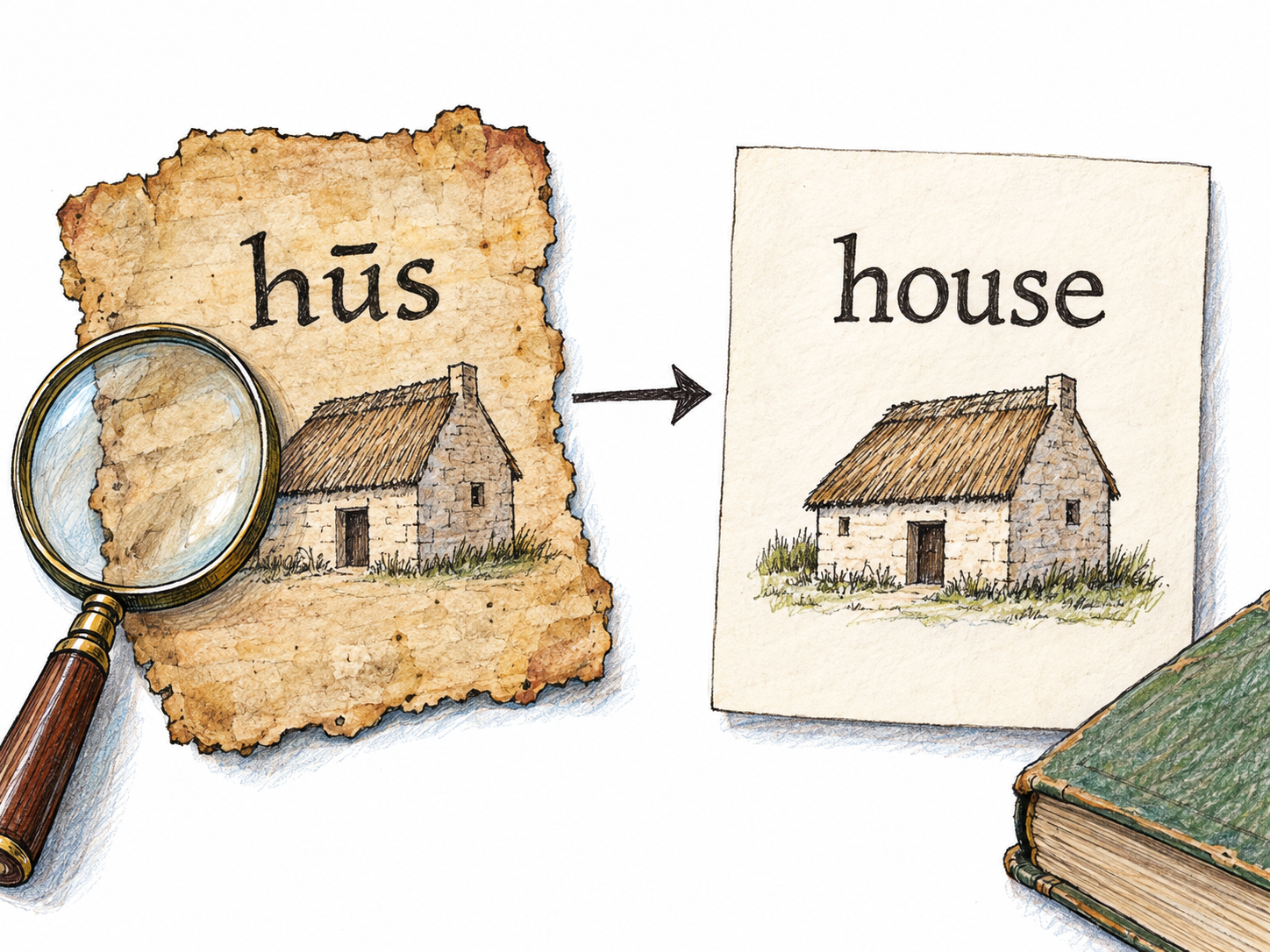 A compact word-history investigation: an old manuscript fragment bearing “hūs” and a modern dictionary slip bearing “house” are connected by a clear left-to-right arrow.