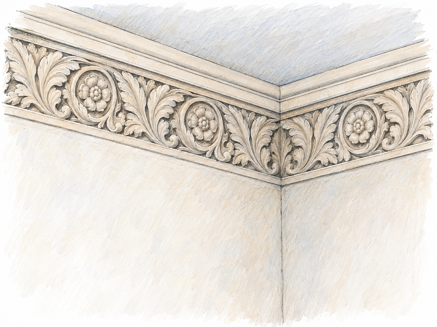 An upper wall corner with a broad, continuous carved decorative band directly below the cornice, contrasted with a substantial plain wall surface beneath it.