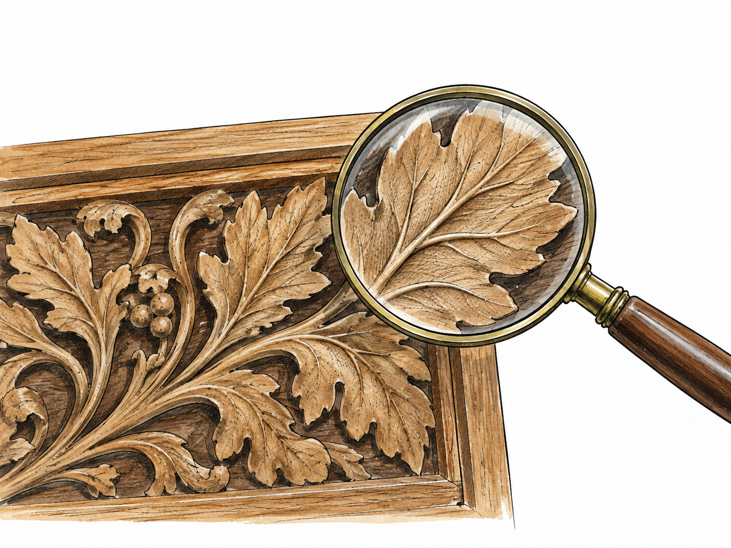 A magnifying glass reveals tiny carved veins within one leaf on an elaborate wooden panel.
