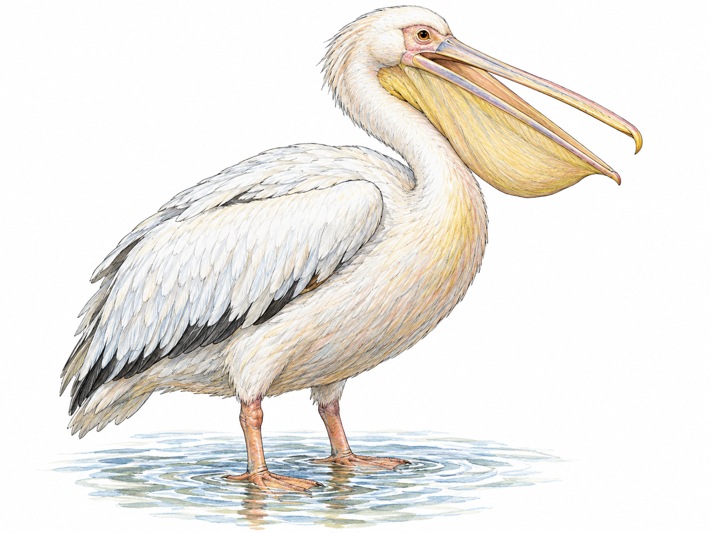A single adult pelican standing at the water’s edge in clear side profile, its long bill slightly open to expose the distinctive expandable throat pouch.