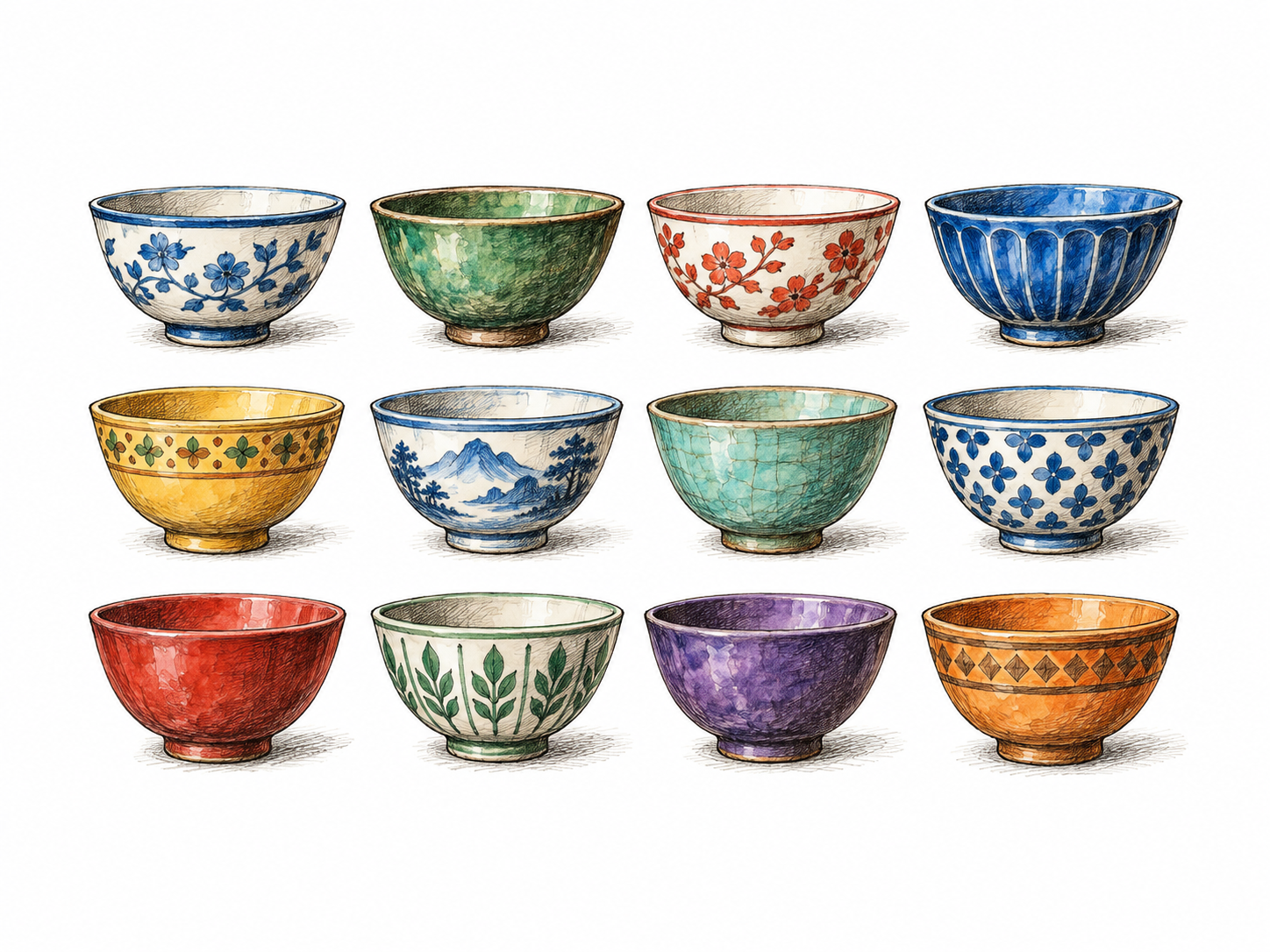 An orderly array of twelve colorful ceramic bowls arranged as three straight rows of four, consistent spacing on neutral white ground.