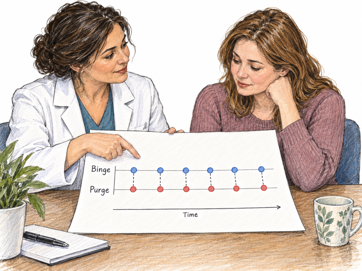 A clinical record of recurrent paired binge and purge events.